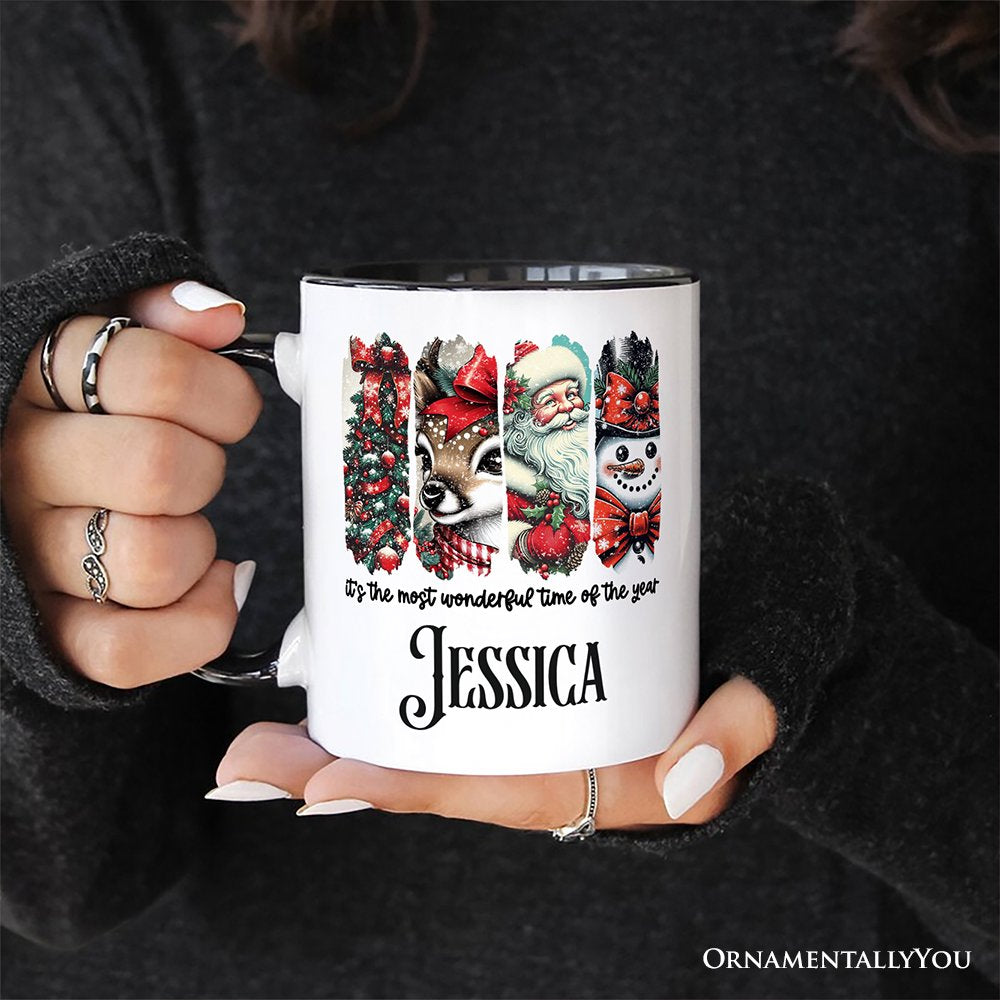 It's the Most Wonderful Time of The Year Personalized Mug, Reindeer, Santa, Snowman Vintage Gift with Custom Name