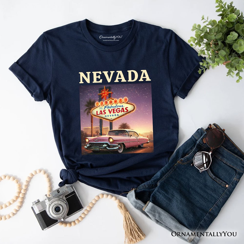 Vintage Nevada State Las Vegas Sign Ornament, Retro Pink Cadillac Tee and Desert City Souvenir