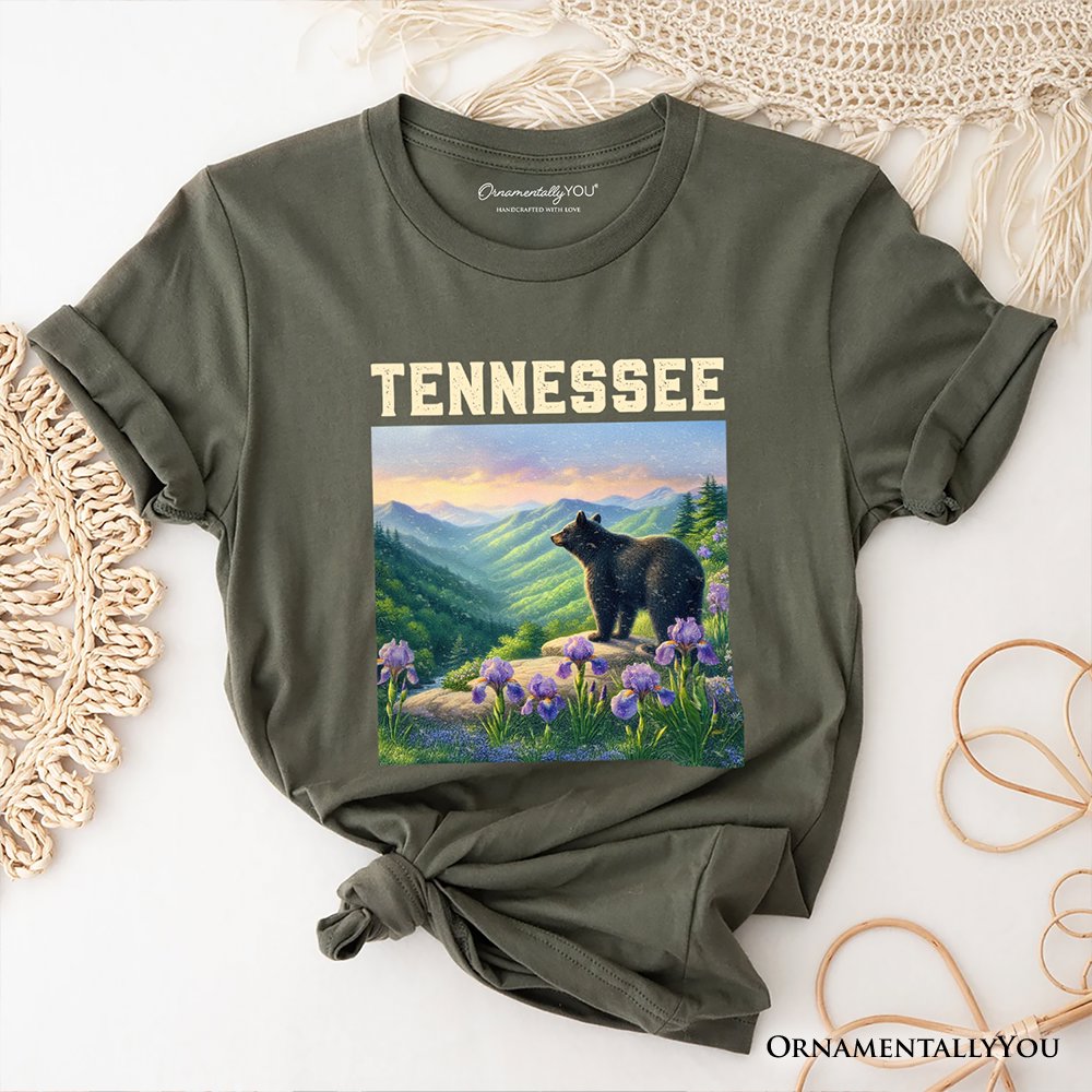 Scenic Tennessee State Great Smoky Mountains T-Shirt, Black Bear and Wildflower Nature Tee  and Travel Souvenir