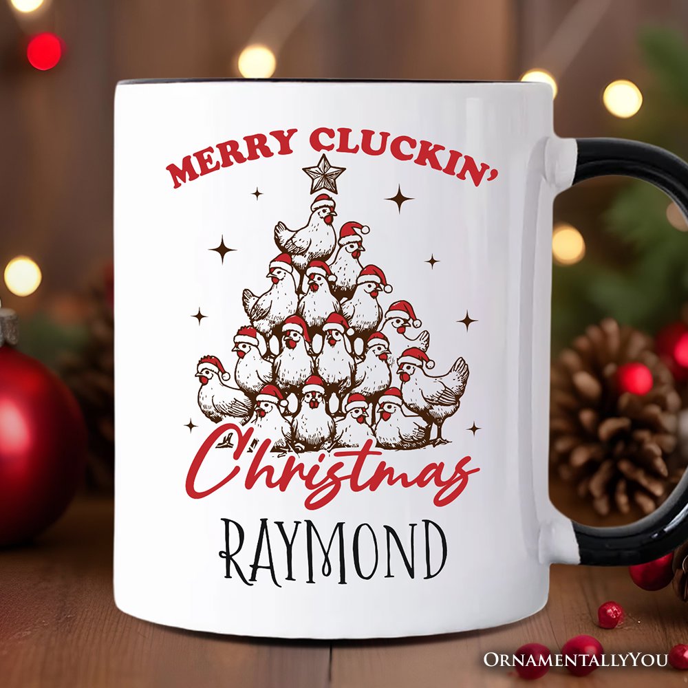 Merry Cluckin' Christmas Tree Personalized Mug, Funny Santa Hat Chicken Farmhouse Gift with Custom Name