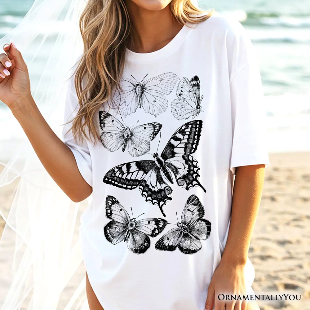 Vintage Butterfly Sketch T-Shirt, Botanical Insect Art Nature Tee