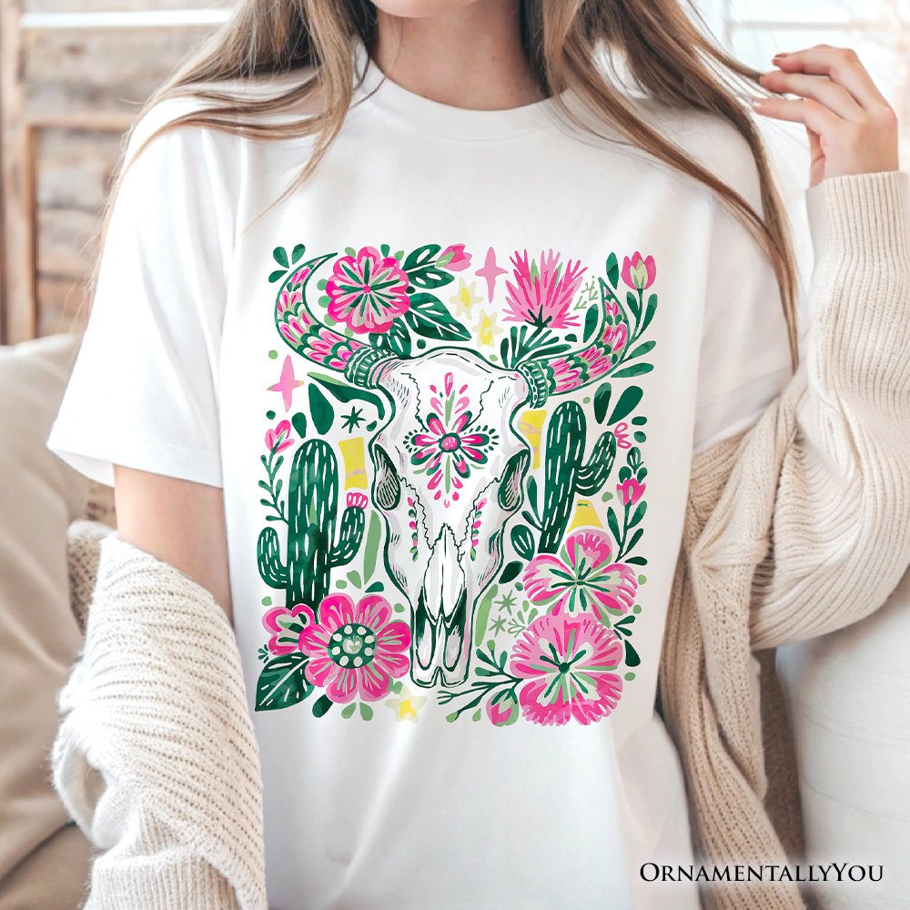Western Floral Cow Skull T-Shirt, Boho Cowgirl Wildflower Cactus Tee