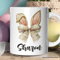 Coquette Bow Bunny Ears Personalized Mug, Aesthetic Spring Vibes Gift With Custom Name