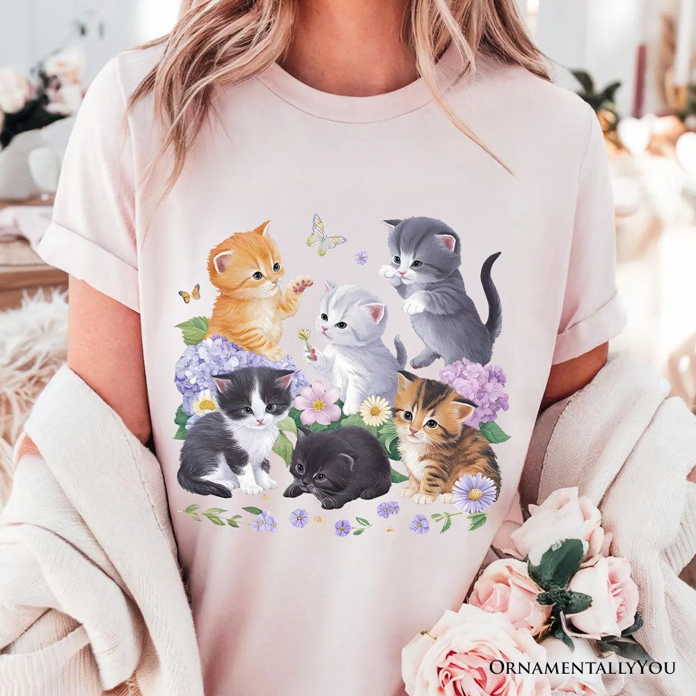 Cute Baby Cats Wildflower T-Shirt, Cottagecore Botanical Cat Tee