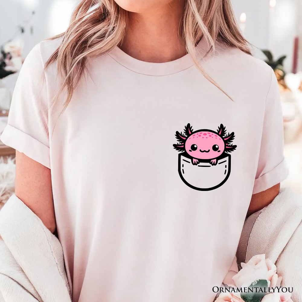 Cute Pocket Pink Axolotl T-Shirt, Salamander Animal Tee