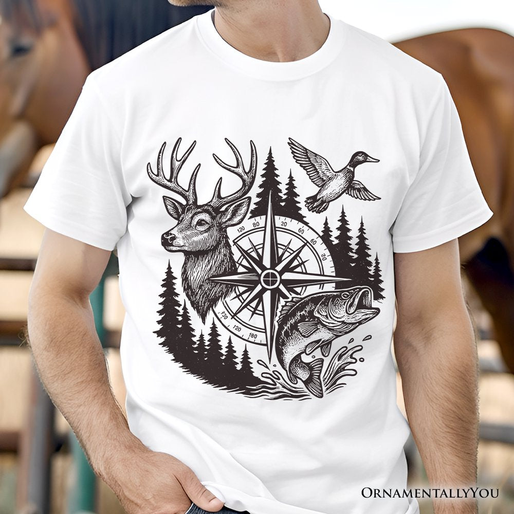 Deer Duck Fishing Hunting T-Shirt, Camo Vintage Compass Outdoors Tee