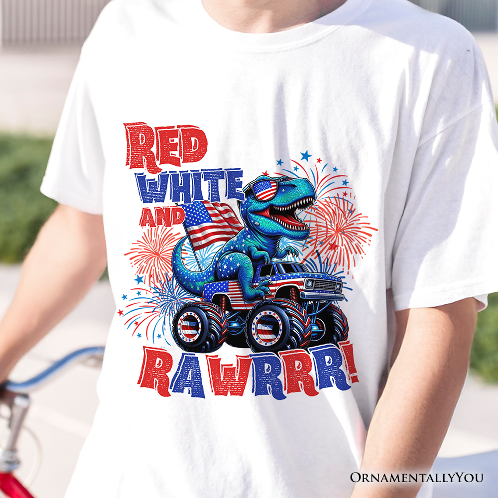 Patriotic Dinosaur Monster Truck T-Shirt, Red White and Rawrr 4th of July Tee
