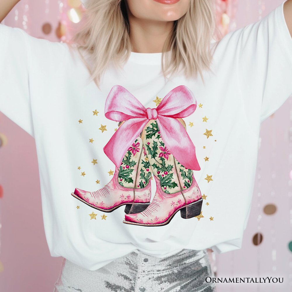 Pink Western Coquette Cowgirl Boots T-Shirt, Country Holiday Tee