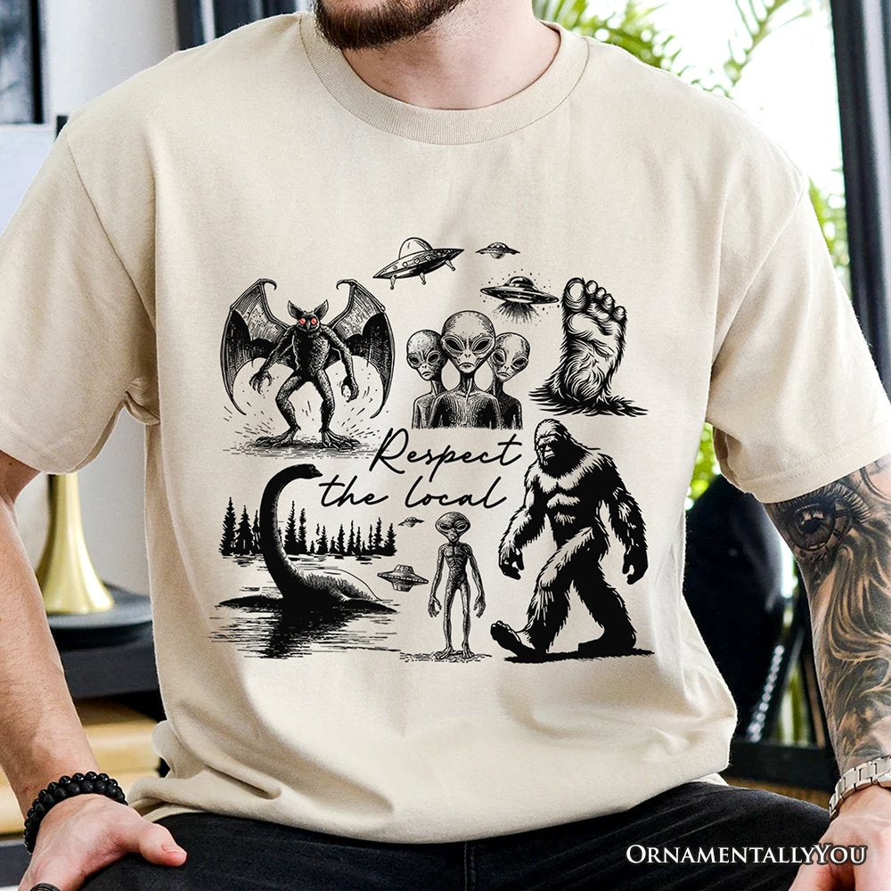 Respect The Local Cryptid Squad T-Shirt, Funny Bigfoot Alien Mothman Meme Tee