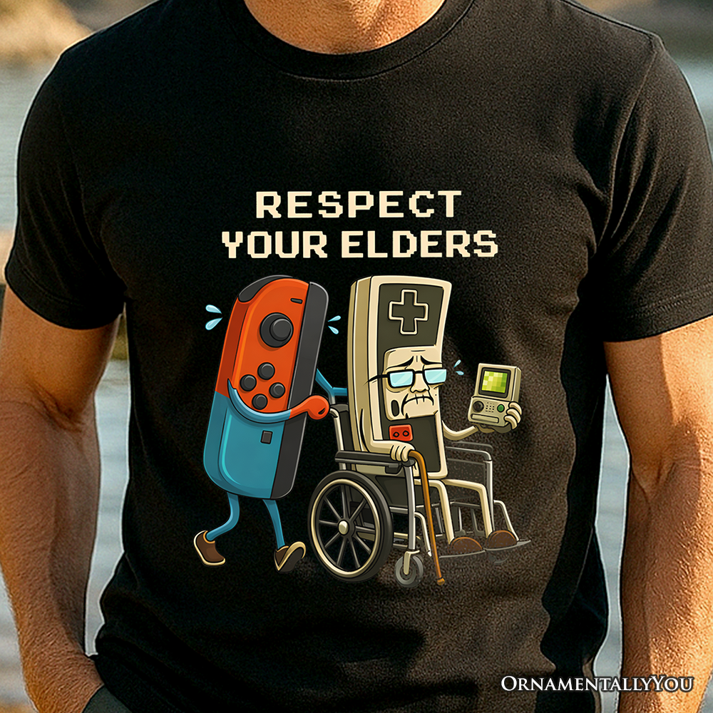 Respect Your Elders Gaming Controller T-Shirt, Old School Gamer Humor Tee