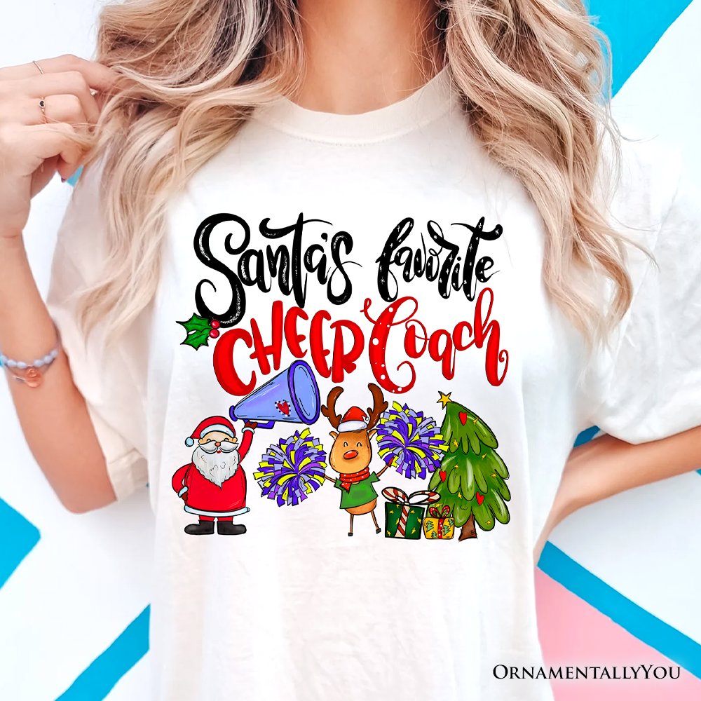 Santa’s Favorite Cheer Coach Christmas T-Shirt, Festive Cheerleading Tee