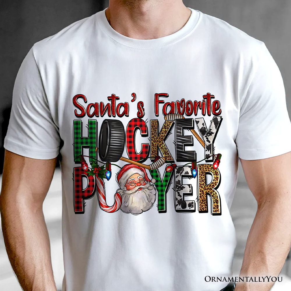 Santa’s Favorite Hockey Player Plaid Christmas T-Shirt, Sports Team Holiday Tee