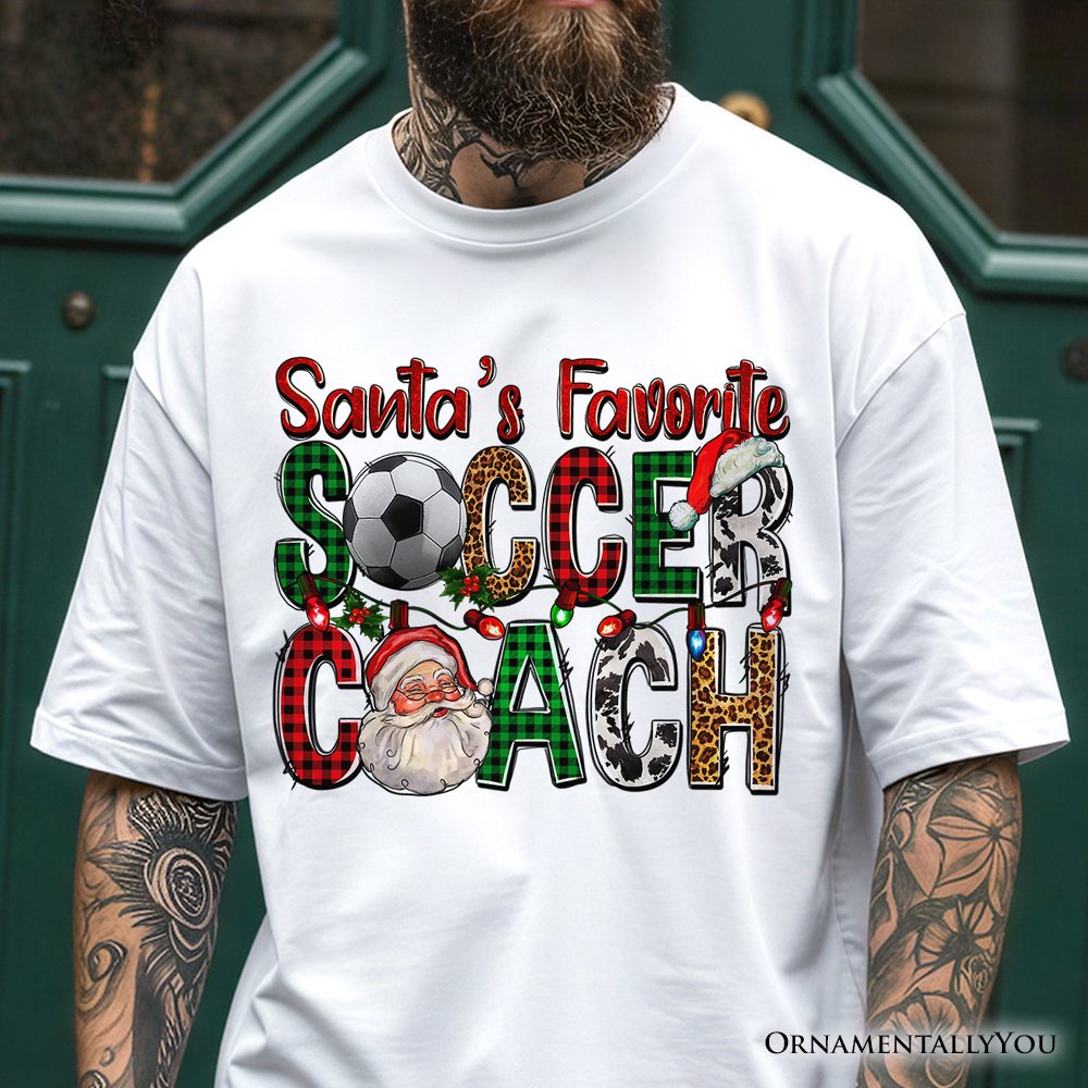 Santa’s Favorite Soccer Coach Plaid Christmas T-Shirt, Sports Team Holiday Tee