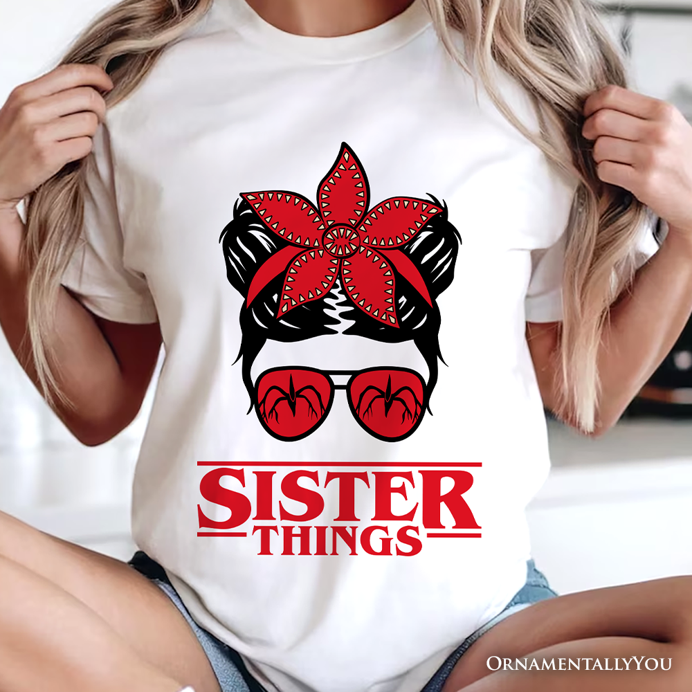 Sister Things Messy Bun Retro T-Shirt, Red Bandana Glasses Family Matching Tee