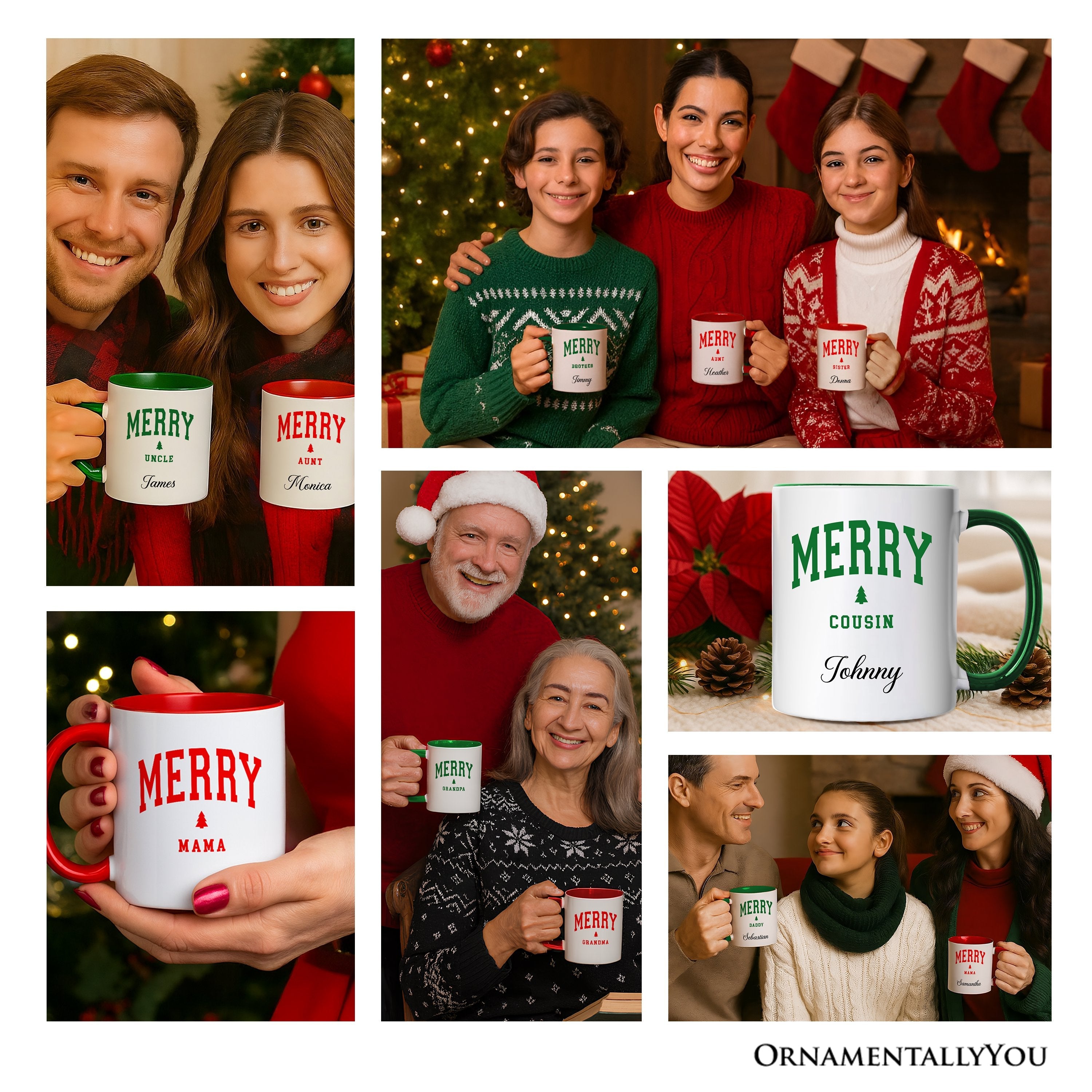Merry Grandma Retro Christmas Personalized Mug, Matching Family Holiday Gift with Custom Name