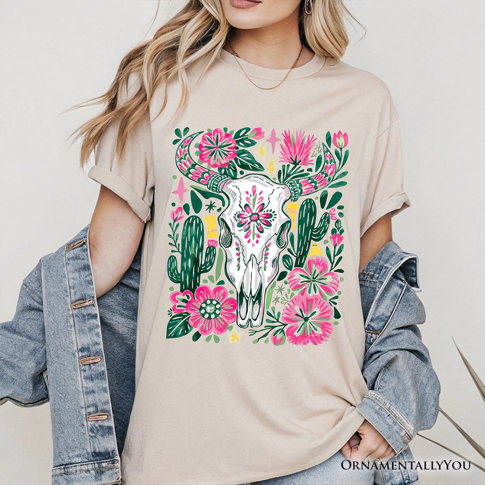 Western Floral Cow Skull T-Shirt, Boho Cowgirl Wildflower Cactus Tee