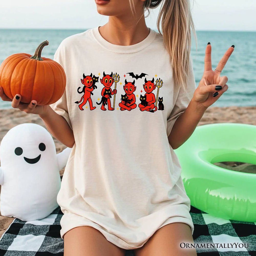 Cute Red Devils and Cats T-Shirt, Vintage Halloween Tee