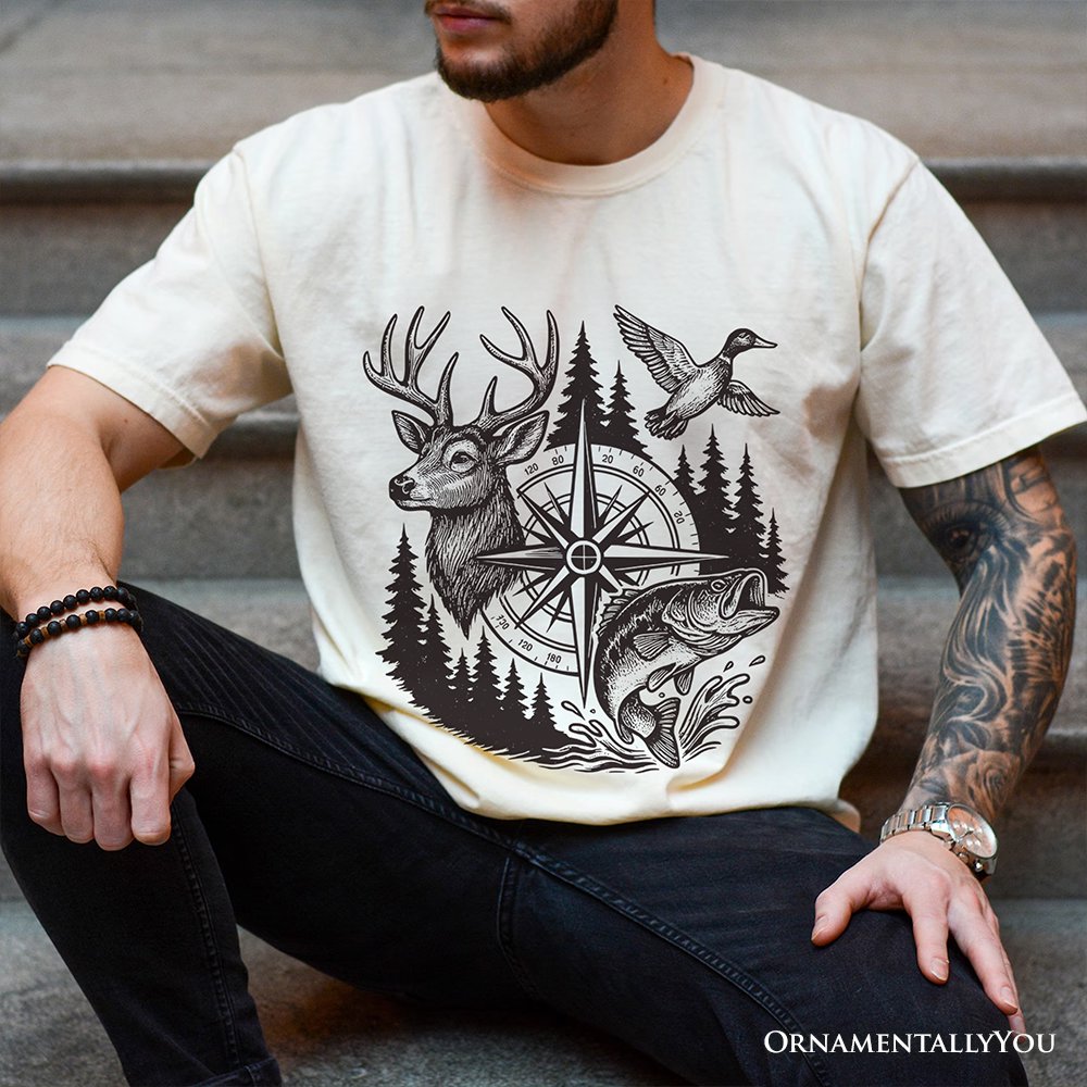 Deer Duck Fishing Hunting T-Shirt, Camo Vintage Compass Outdoors Tee