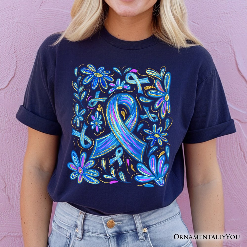 Diabetes Blue Ribbon Floral T-Shirt, Awareness Support Tee