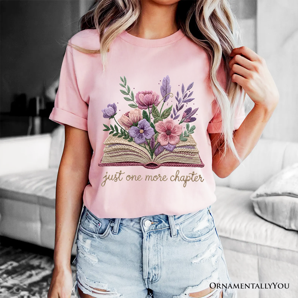 Floral Book Printed Faux Yarn Crochet T-Shirt, Just One More Chapter Bookworm Tee