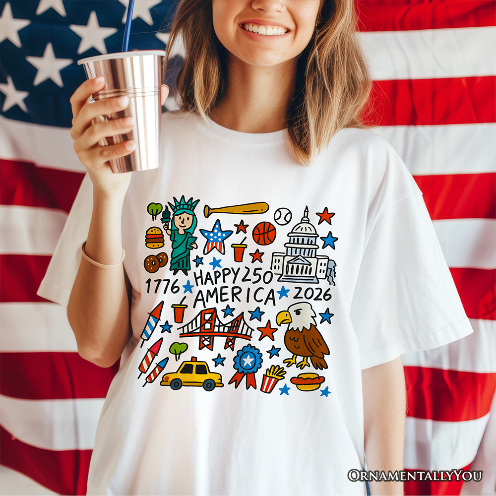 Happy 250 America Doodle T-Shirt, Patriotic USA 1776-2026 250th Anniversary Tee