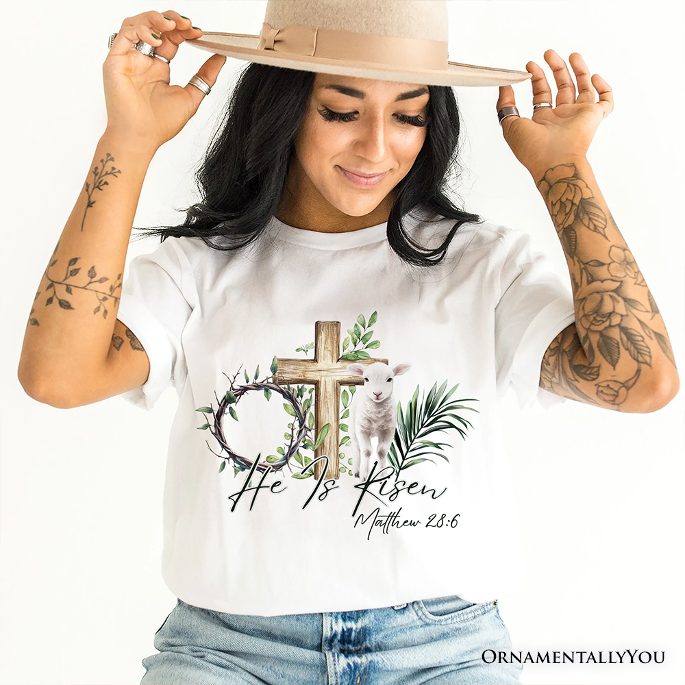He Is Risen Lamb Cross Christian Easter T-Shirt, Bible Verse Matthew 28:6 Tee