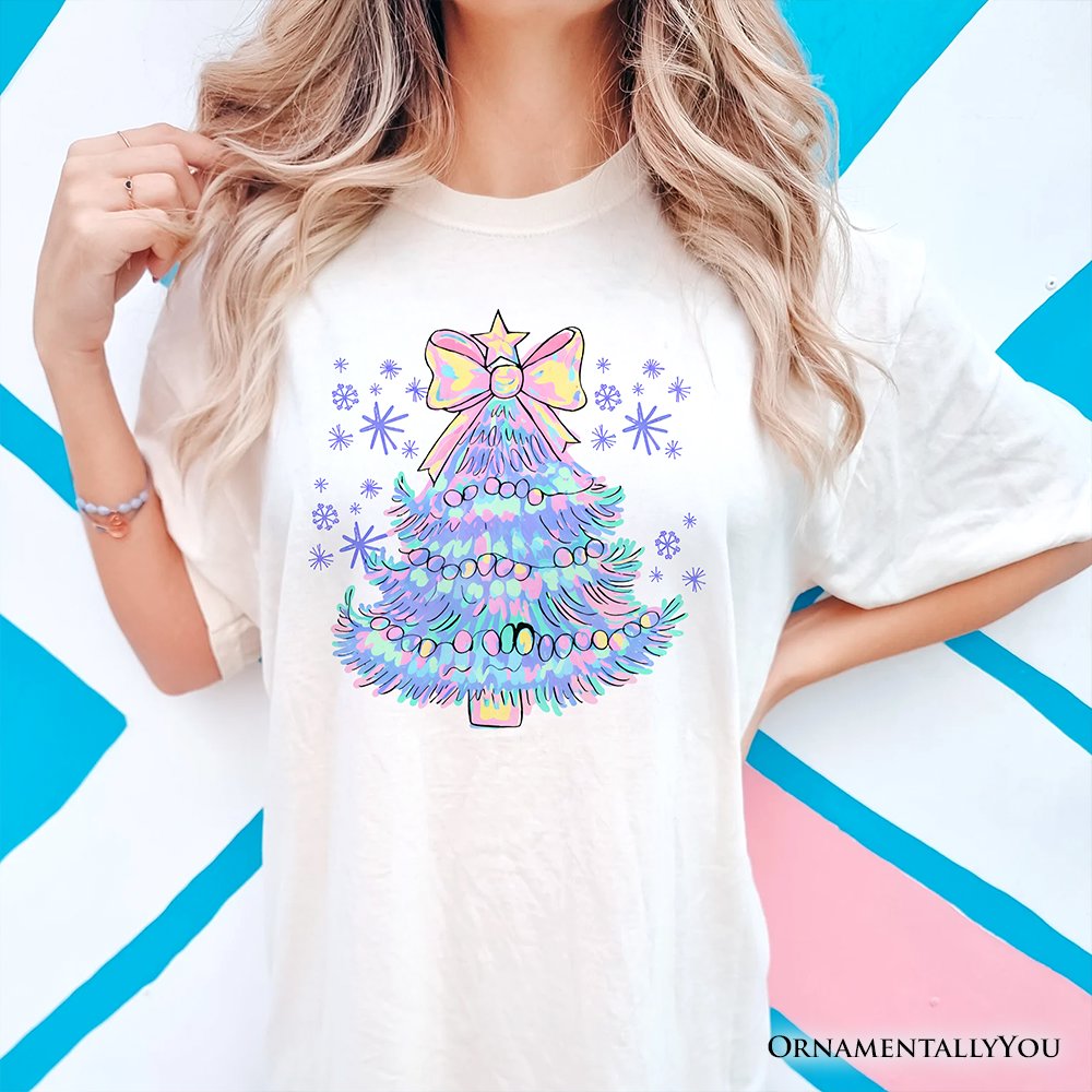 Light Blue Christmas Tree Bow T-Shirt, Coquette Colorful Holiday Tee