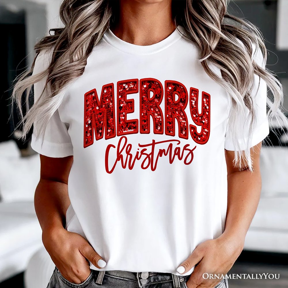 Merry Christmas Sequin T‑Shirt, Bold Red Glitter-Look Tee for Festive Holiday Season