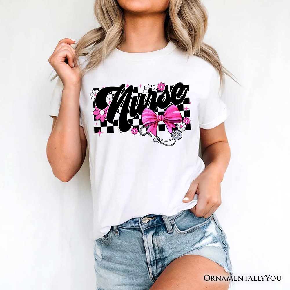 Nurse Floral Coquette Pink Bow T-Shirt, Retro Stethoscope Checkered Tee