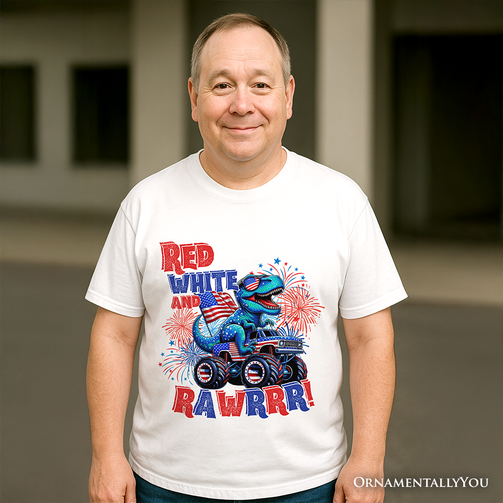Patriotic Dinosaur Monster Truck T-Shirt, Red White and Rawrr 4th of July Tee