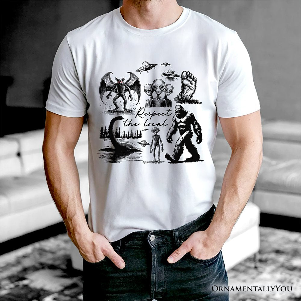 Respect The Local Cryptid Squad T-Shirt, Funny Bigfoot Alien Mothman Meme Tee