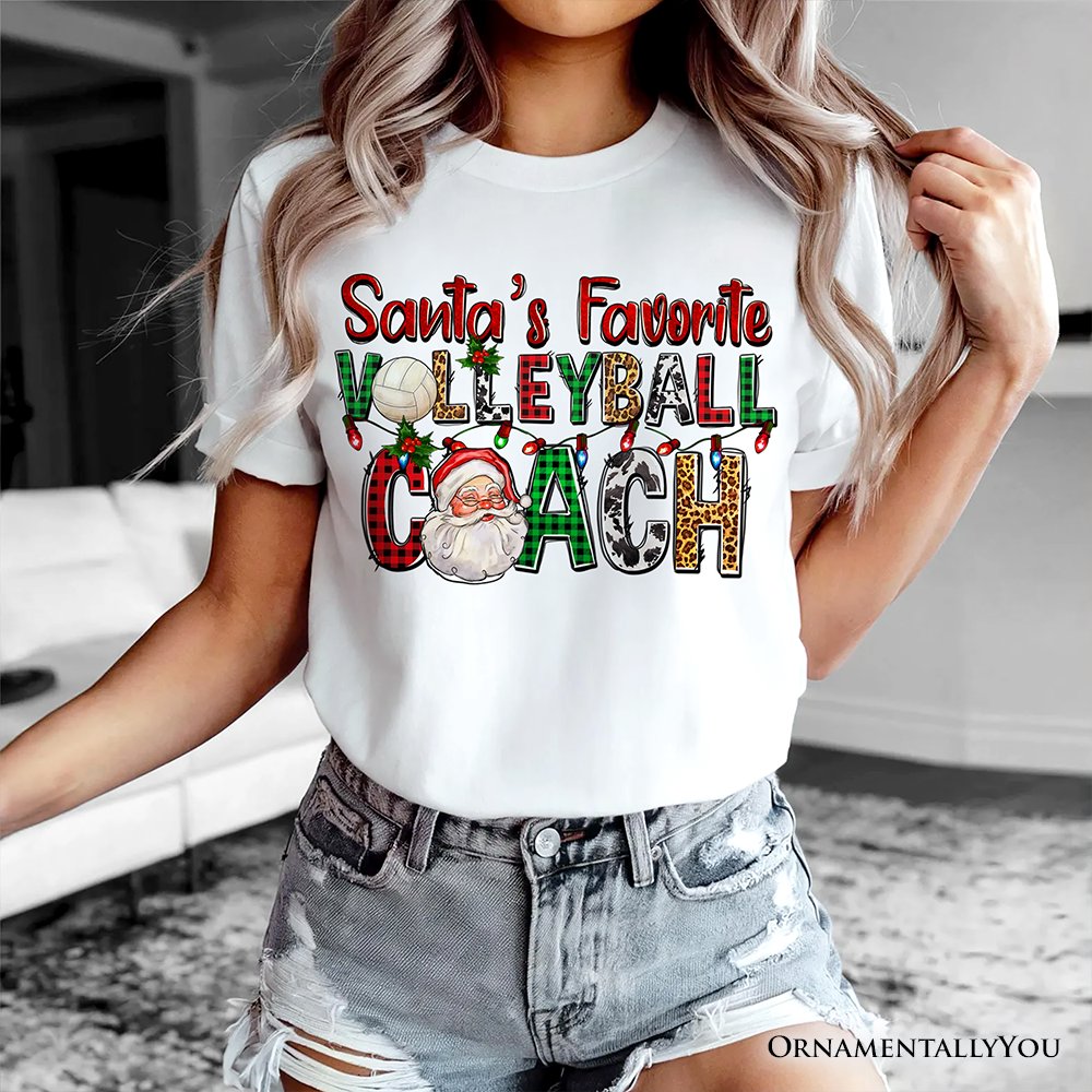 Santa’s Favorite Volleyball Coach Plaid Christmas T-Shirt, Sports Team Holiday Tee