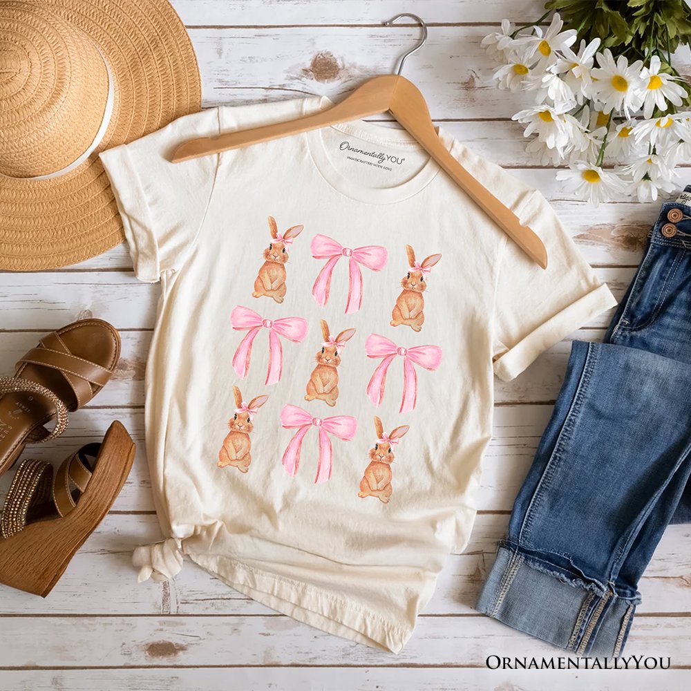 Coquette Bunny Pink Bow Easter T-Shirt, Cute Girly Bunny Spring Tee