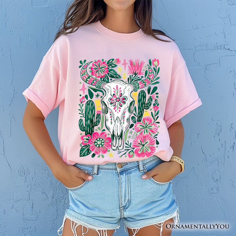 Western Floral Cow Skull T-Shirt, Boho Cowgirl Wildflower Cactus Tee