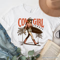 Cowgirl Summer Surf T-Shirt, Retro Western Beach White and Natural Tee for Free-Spirited Women
