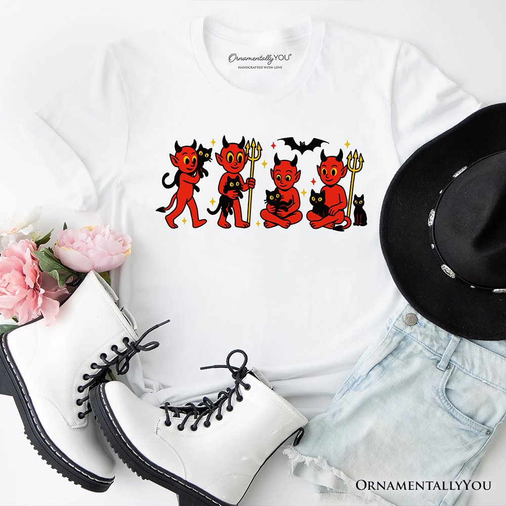 Cute Red Devils and Cats T-Shirt, Vintage Halloween Tee
