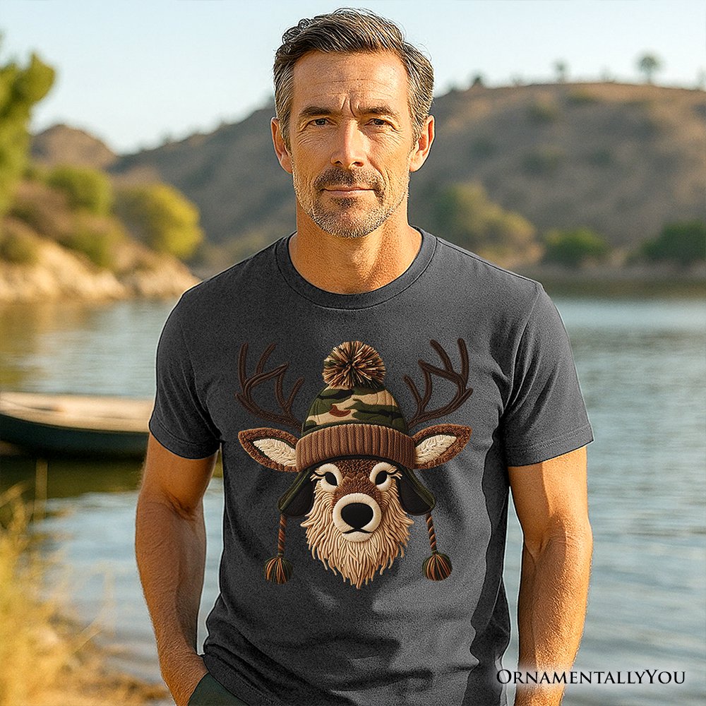 Deer Head Camo Hat Christmas T-Shirt, Imitation Latch Hook Yarn Cozy Hunting Season Tee
