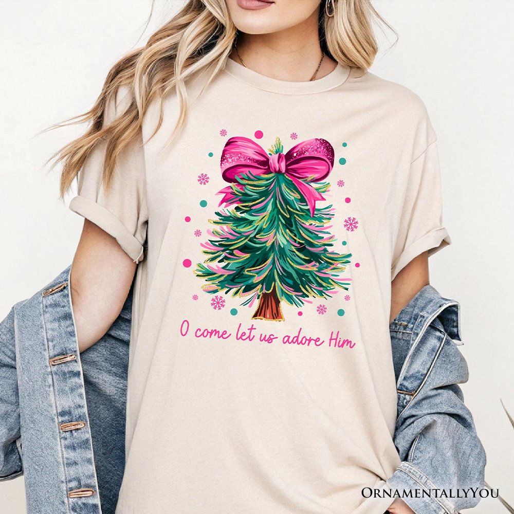 Glitter Christmas Tree Coquette Bow T‑Shirt, O Come Let Us Adore Him Holiday Tee