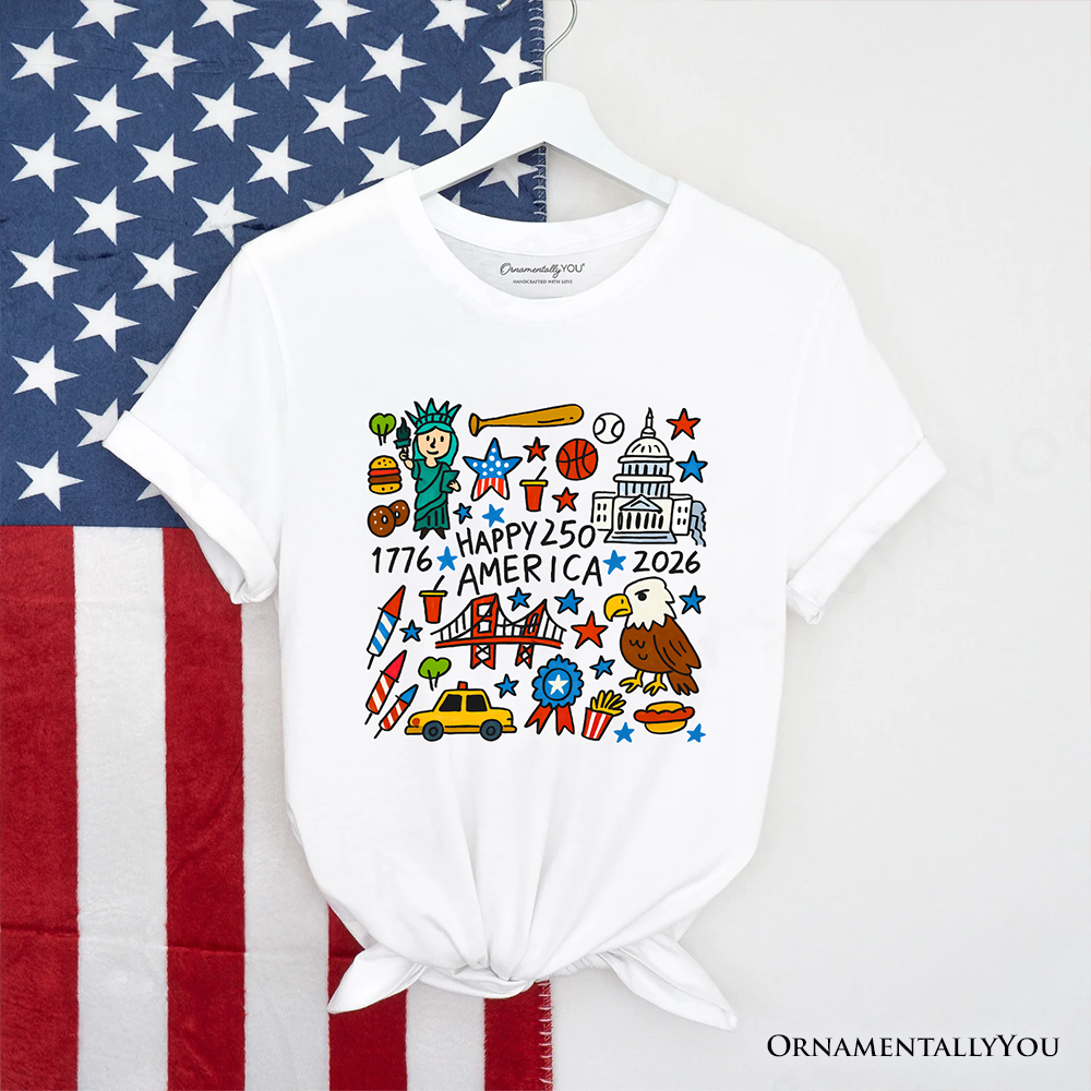 Happy 250 America Doodle T-Shirt, Patriotic USA 1776-2026 250th Anniversary Tee