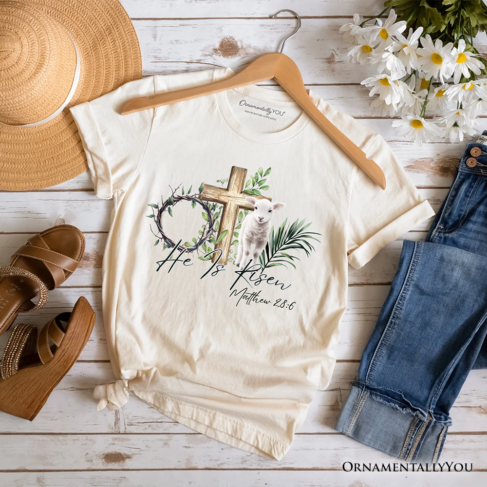 He Is Risen Lamb Cross Christian Easter T-Shirt, Bible Verse Matthew 28:6 Tee