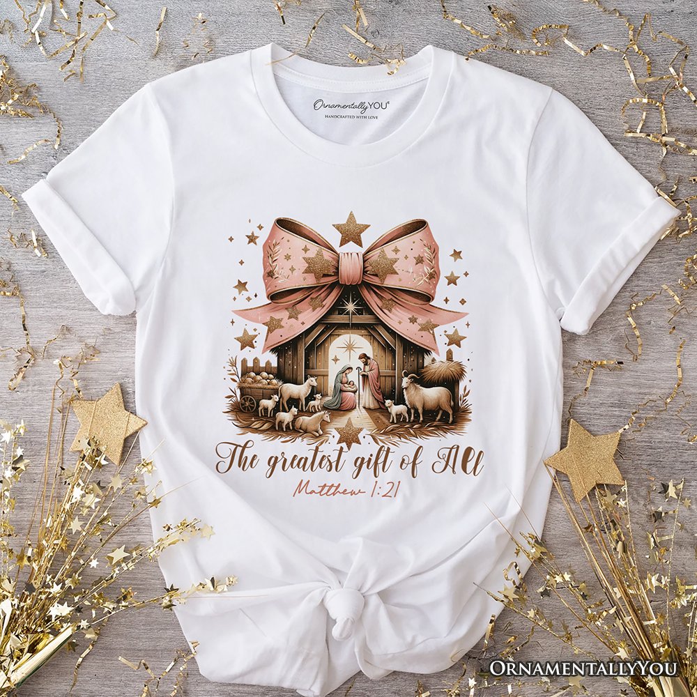 Holy Night Nativity Scene Jesus T-Shirt, The Greatest Gift of All Matthew 1:21 Christian Christmas Tee