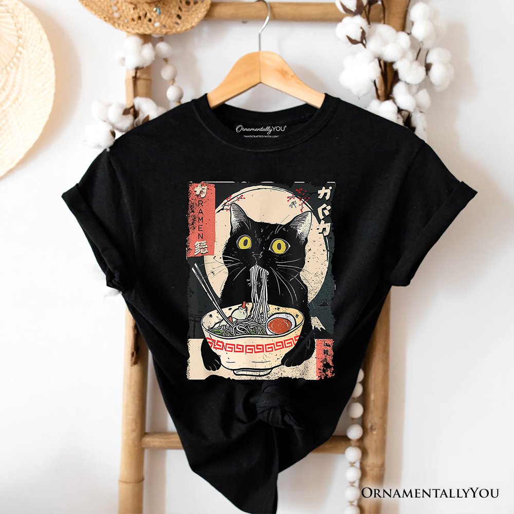 Kawaii Anime Cat Eating Ramen T-Shirt, Noodle Japanese Art Style Tee