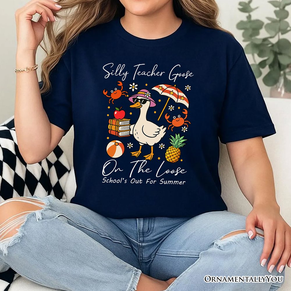 Last Day Teacher Goose T-Shirt, Tropical Summer Break Navy, White, and Natural Tee for Fun and Quirky Educators
