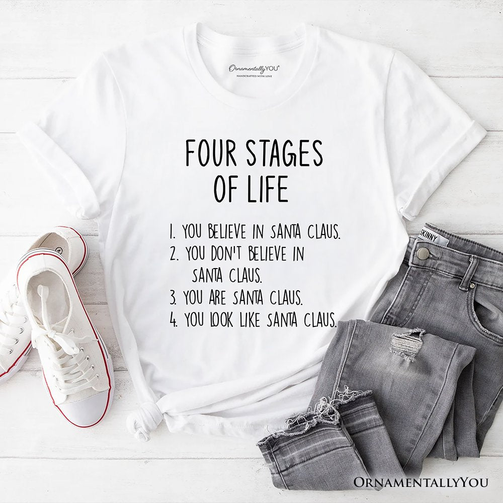 Men’s Four Stages of Life Santa Claus T-Shirt, Holiday Humor Christmas Text Tee