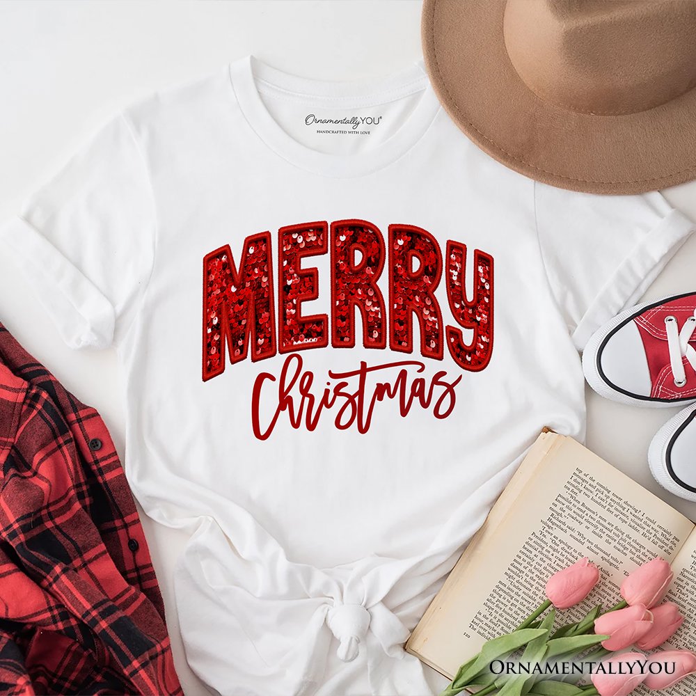 Merry Christmas Sequin T‑Shirt, Bold Red Glitter-Look Tee for Festive Holiday Season