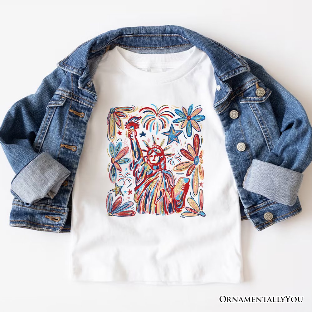 Patriotic Statue of Liberty and Fireworks T-Shirt, Festive 4th of July Tee
