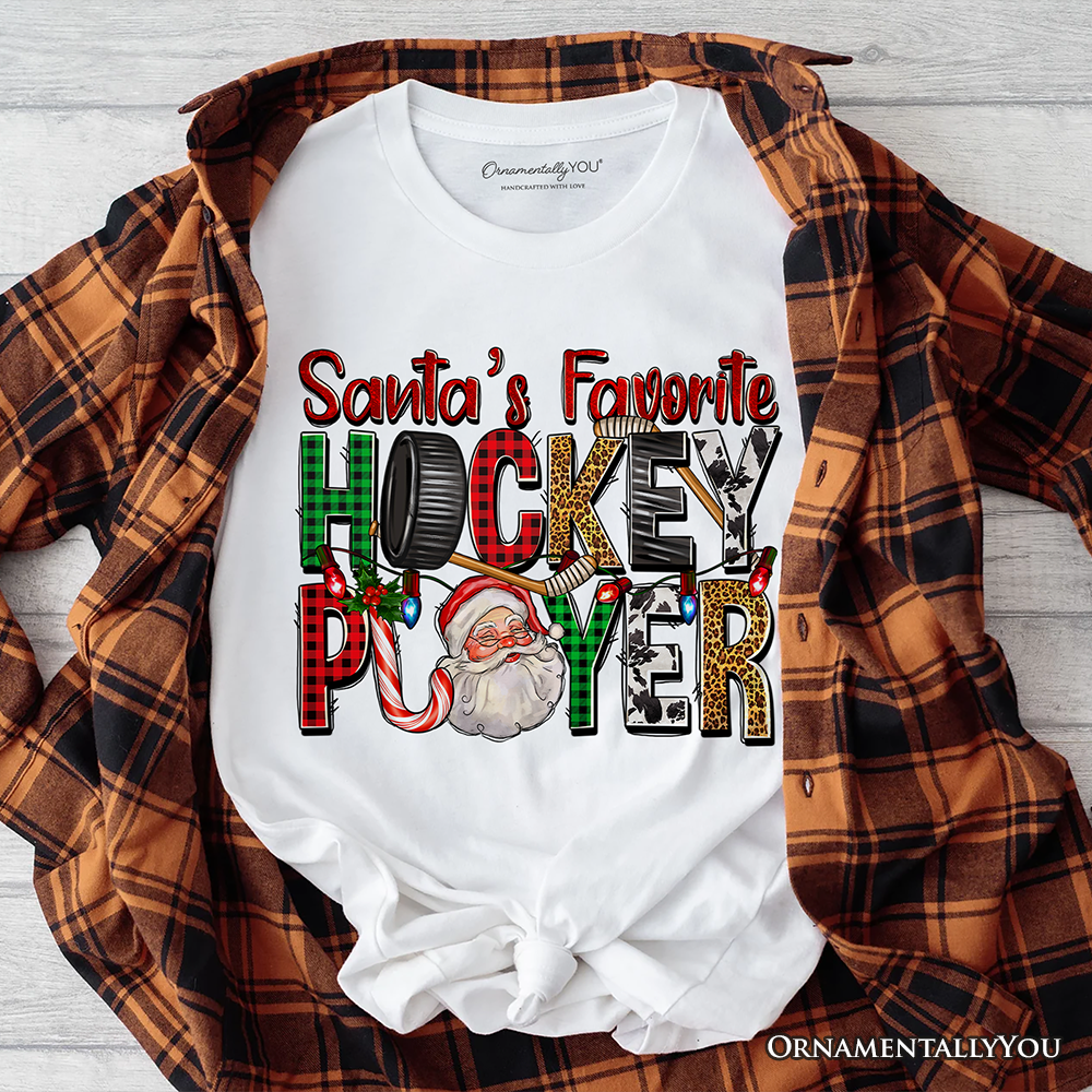 Santa’s Favorite Hockey Player Plaid Christmas T-Shirt, Sports Team Holiday Tee
