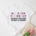 Would You Like To Buy A Vowel Puzzle T-Shirt, Funny Sarcastic White and Natural Tee for Witty Women