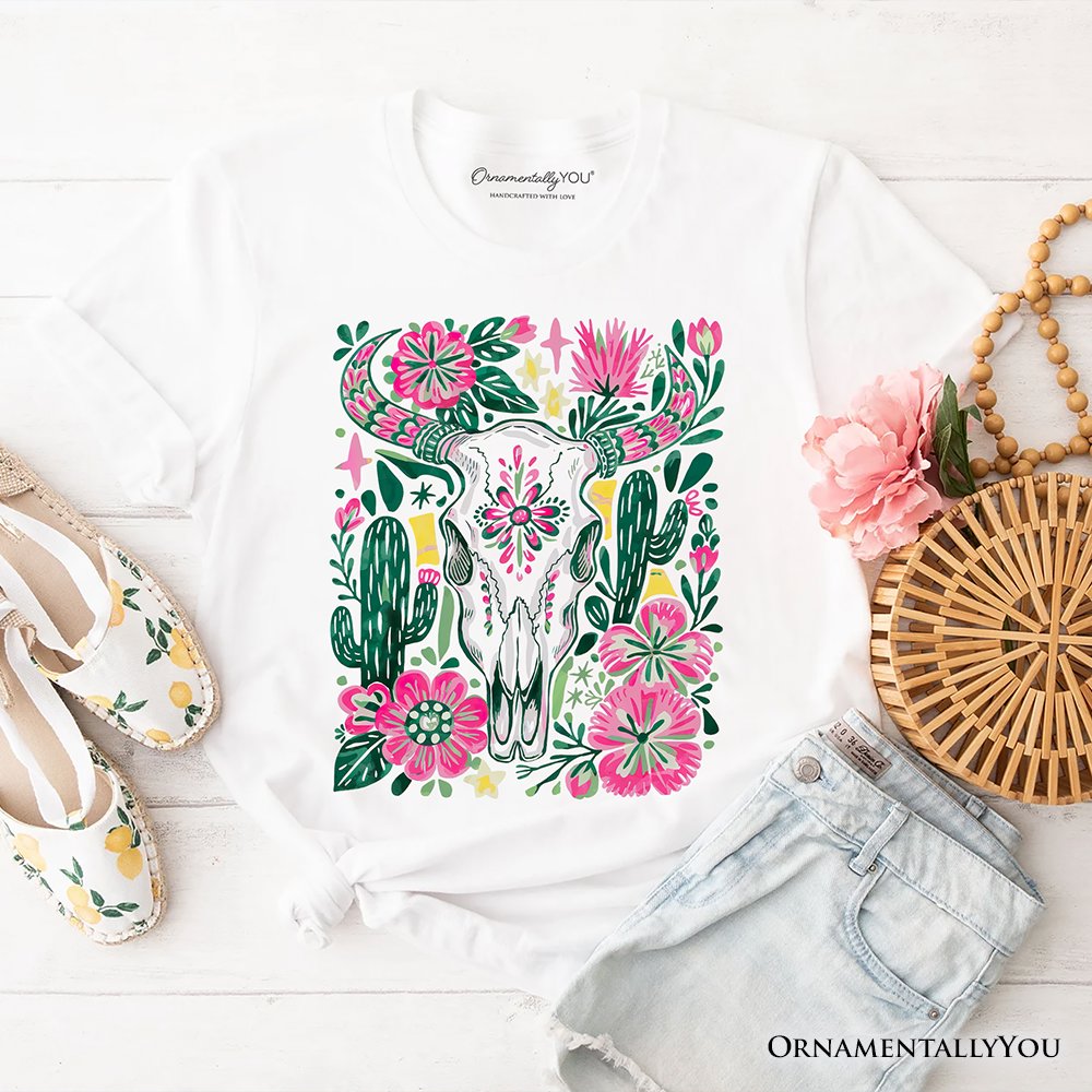 Western Floral Cow Skull T-Shirt, Boho Cowgirl Wildflower Cactus Tee