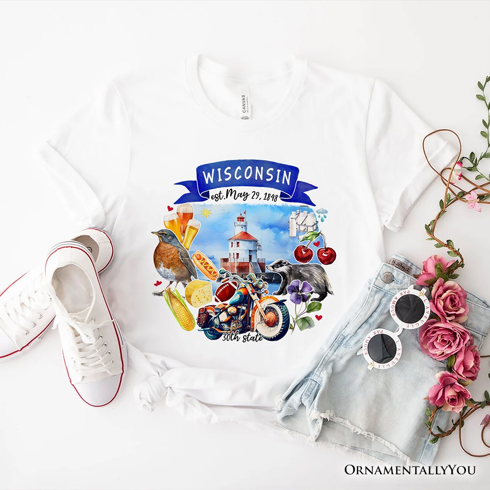 Artistic Wisconsin State Themes and Landmarks T-Shirt, Tee for History and Travel Lovers